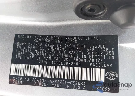 2020 Toyota Camry Le from USA, damaged, VIN 4T1C11AK8LU932701